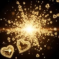 Golden Glittering Hearts Exploding from Light sparkle Royalty Free Stock Photo