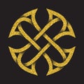 Golden glittering logo symbol in Celtic style on black background. Tribal symbol in cross form. Gold stamp for jewelry design
