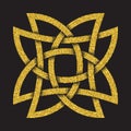 Golden glittering logo symbol in Celtic style on black background. Tribal symbol in eight pointed star form. Gold stamp for