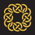 Golden glittering logo symbol in Celtic style on black background. Tribal symbol of plexus infinities and rings. Gold stamp for