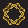 Golden glittering logo template in Celtic knots style on black background. Symbol in cruciform frame form