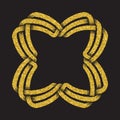 Golden glittering logo template in Celtic knots style on black background. Symbol in square frame form