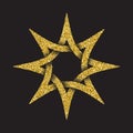 Golden glittering logo template in Celtic knots style on black background. Tribal symbol in eight pointed star form.