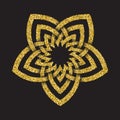 Golden glittering logo template in Celtic knots style on black background. Tribal symbol in pentagonal flower maze form