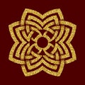 Golden glittering logo template in Celtic knots style on dark red background. Tribal symbol in octagon flower maze form