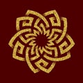 Golden glittering logo template in Celtic knots style on dark red background. Tribal symbol in pentagon maze form.