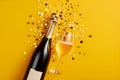 Golden glittering shiny champagne sparkling wine alcohol bottle glass confetti holidays evening event festive