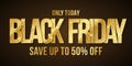 Golden glittering text banner for Black Friday sale. Elegant business poster. Commercial discount event. Special offer. Vector