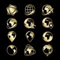 Golden globe earth icons collection on black backdrop