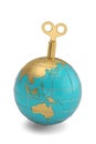 Golden globe and toy key isolated on white background 3D illustration