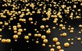 Golden glossy bubbles on the black surface. 3D abstract background.