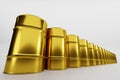 Golden glossy oil barrel, 3D rendering, business background