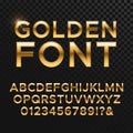 Golden glossy vector font or gold alphabet. Yellow metal typeface