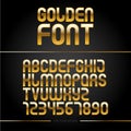 Golden glossy vector font or gold alphabet. Yellow metal typeface. Metallic golden abc, alphabet typographic luxury illustration.