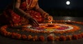 Golden Glow of Devotion Henna Hands Arranging Marigold Rangoli Royalty Free Stock Photo