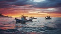 Golden Glow - Traditional Boats Basking at Sunset\'s Shore. Generative AI