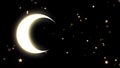 Golden glowing crescent and many stars on black background, night sky. Animation. Beautiful yellow half moon and many