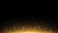 Golden glowing dust on a black horizontal background. Backlight from the bottom. Template for the project. Sparkle dots, round tin