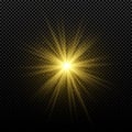 Golden glowing golden star on a transparent background. Glowing magical star. Bright flares. Gold rays. Magic explosion. Christmas