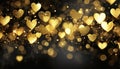 golden glowing hearts on dark background