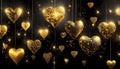 golden glowing hearts on dark background