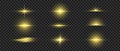 Golden glowing light. Gold glow flash with sparcle. Vector sunrise effect. Realistic shiny beam set