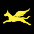The golden glowing outline of a flying dog with wings isolated on a black background.
