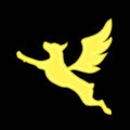 The golden glowing outline of a flying dog with wings isolated on a black background.