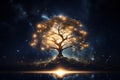 Golden Glowing Tree of Life in Cosmic Space Background