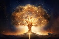 Golden Glowing Tree of Life in Cosmic Space Background