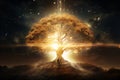 Golden Glowing Tree of Life in Cosmic Space Background