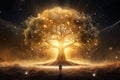 Golden Glowing Tree of Life in Cosmic Space Background