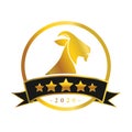 Transparent golden goat head with five star banner logo concept 2