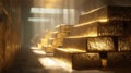 Golden gold bar stack shining in dim light with textured surface and warm glow in treasure vault Royalty Free Stock Photo