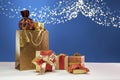 Golden gold-colored shopping bag with gifts Royalty Free Stock Photo