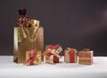 Golden gold-colored shopping bag with gifts Royalty Free Stock Photo