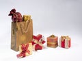 Golden gold-colored shopping bag with gifts Royalty Free Stock Photo