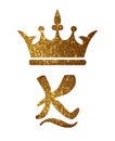 Golden gold yellow glitter crown stencil silhouette.King calligraphy design.K Alphabet Letter.