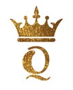 Golden gold yellow glitter crown stencil silhouette.Queen