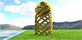 Golden golf ball monument on the lawn near the footpath overlooking the mountains on a wonderful sunny day. 3d render