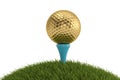 A golden golf ball on tee in grass isolated on white background. Royalty Free Stock Photo