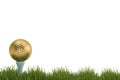 A golden golf ball on tee in grass isolated on white background. Royalty Free Stock Photo