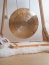 Golden Gong, Sansula, Monochord and shamanic drum sound healing instrument for ceremony Royalty Free Stock Photo