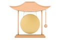 Golden gong on the wooden stand, 3D rendering