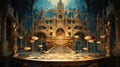 A golden gothic style castle with a clock. Generative AI image.