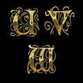 Golden gothic style font alphabet - letters U-W