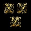 Golden gothic style font alphabet - letters X-Z