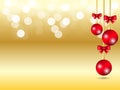 Golden Gradient bokeh light background. Christmas background with three hanging Red ribbon ball and red bow ribbon decoration Royalty Free Stock Photo