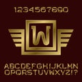 Golden gradient letters and numbers with initial monogram in winged frame