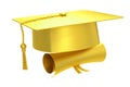 Golden graduation cap diploma, 3D rendering
